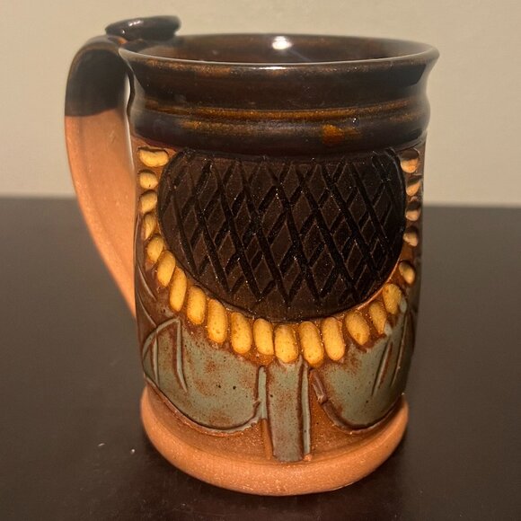 Handcrafted Sunflower Studio Art Pottery Mug w/ Incised & Embossed  Flowers BBP - Picture 2 of 15